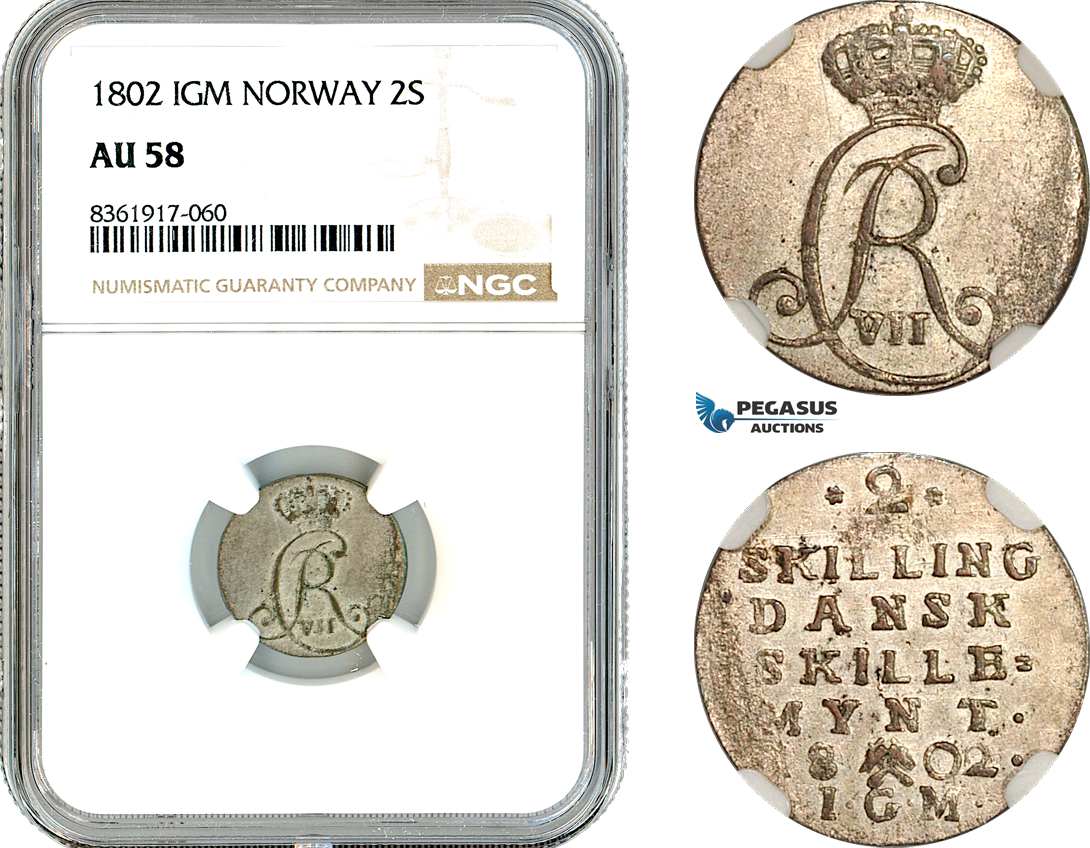 AK653, Norway, Christian VII, 2 Skilling 1802 IGM, Kongsberg Mint, Silver, NGC AU58