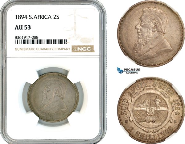 AK663, South Africa, ZAR, 2 Shillings 1894, Pretoria Mint, Silver, NGC AU53