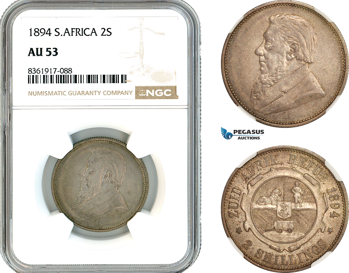 AK663, South Africa, ZAR, 2 Shillings 1894, Pretoria Mint, Silver, NGC AU53