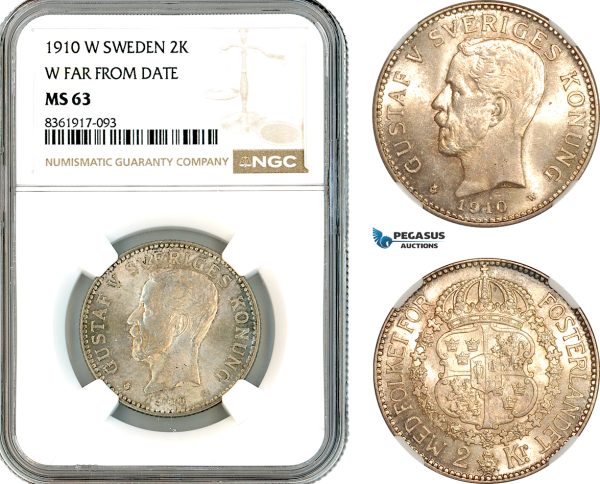 AK664, Sweden, Gustaf V, 2 Kronor 1910 W, Stockholm Mint, W Far From Date, Silver, NGC MS63