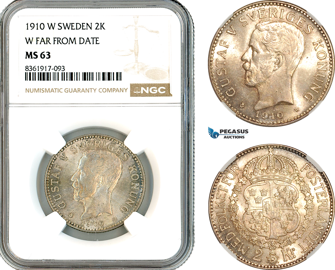 AK664, Sweden, Gustaf V, 2 Kronor 1910 W, Stockholm Mint, W Far From Date, Silver, NGC MS63
