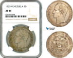 AK665, Venezuela, 5 Bolivares 1903, Philadelphia Mint, Silver, NGC XF45