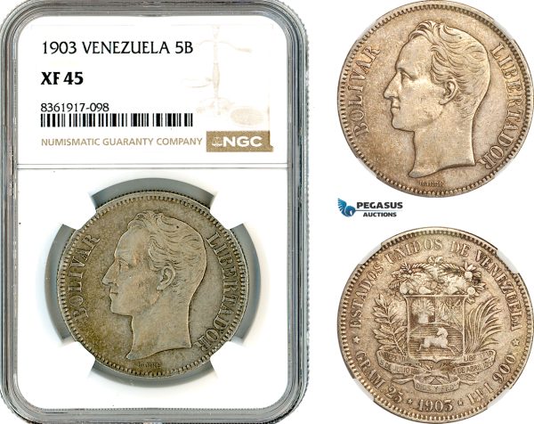 AK665, Venezuela, 5 Bolivares 1903, Philadelphia Mint, Silver, NGC XF45