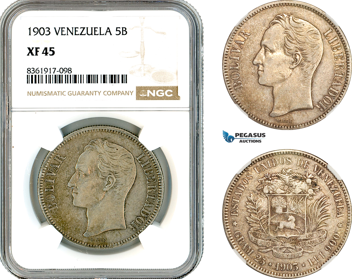 AK665, Venezuela, 5 Bolivares 1903, Philadelphia Mint, Silver, NGC XF45