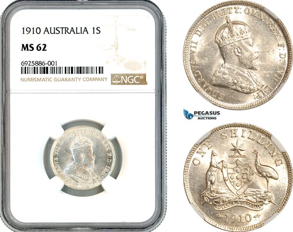 AK666, Australia, Edward VII, 1 Shilling 1910, London Mint, Silver, NGC MS62