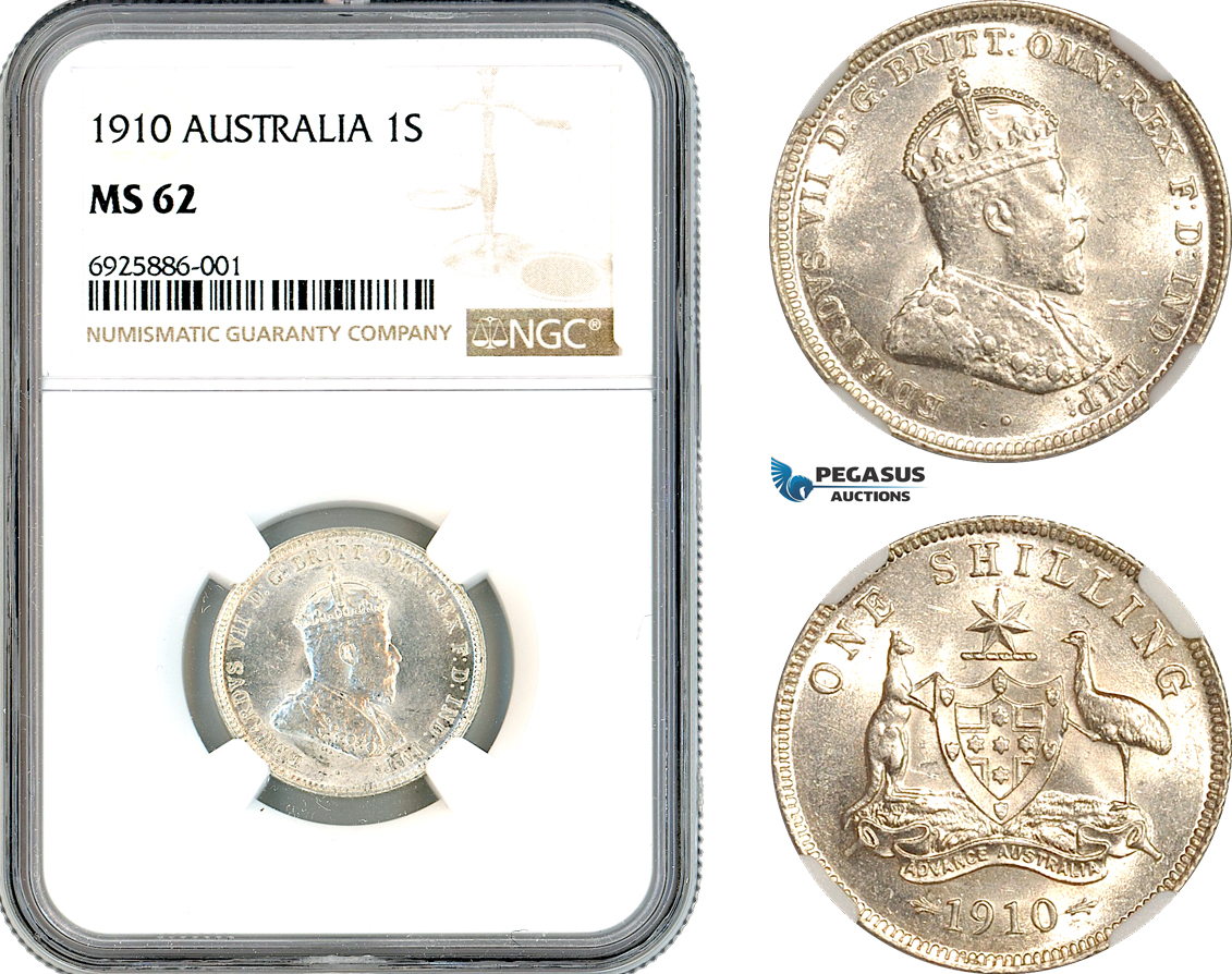 AK666, Australia, Edward VII, 1 Shilling 1910, London Mint, Silver, NGC MS62