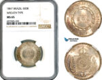 AK669, Brazil, Pedro II, 500 Reis 1867 Wreath Type, Silver, NGC MS65