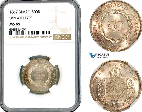 AK669, Brazil, Pedro II, 500 Reis 1867 Wreath Type, Silver, NGC MS65