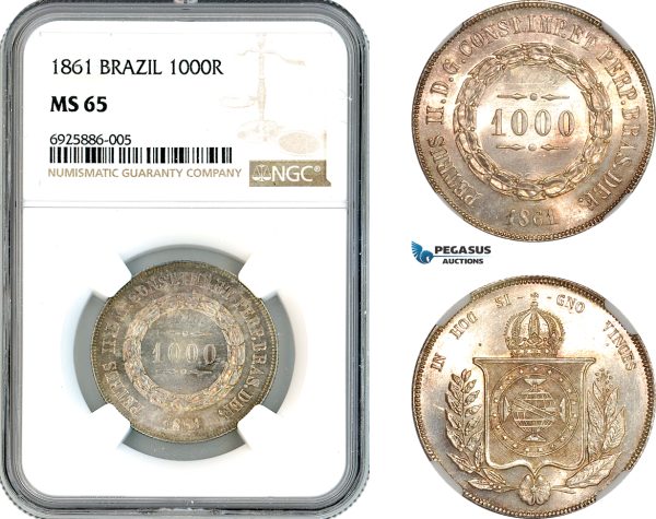 AK670, Brazil, Pedro II, 1000 Reis 1861, Silver, NGC MS65, Top Pop