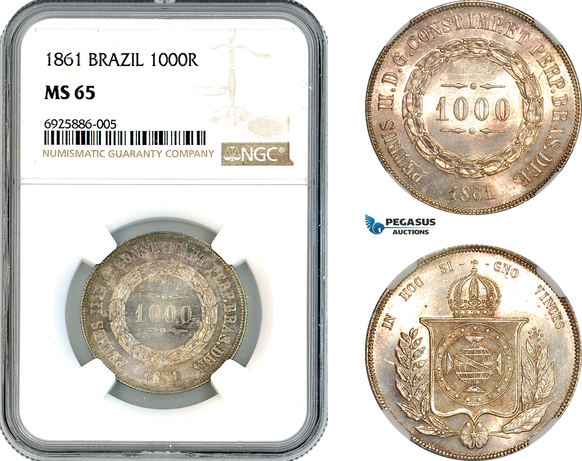 AK670, Brazil, Pedro II, 1000 Reis 1861, Silver, NGC MS65, Top Pop