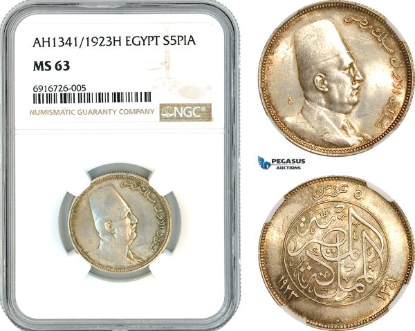 AK681, Egypt, Fuad, 5 Piastres AH1341/1923 H, Heaton Mint, Silver NGC MS63