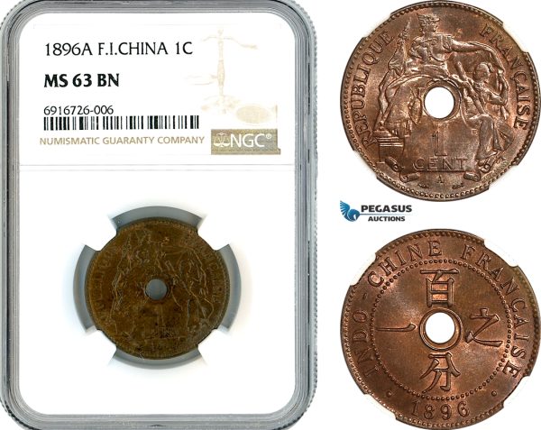 AK683, French Indo-China, 1 Centime 1896 A, Paris Mint, NGC MS63BN