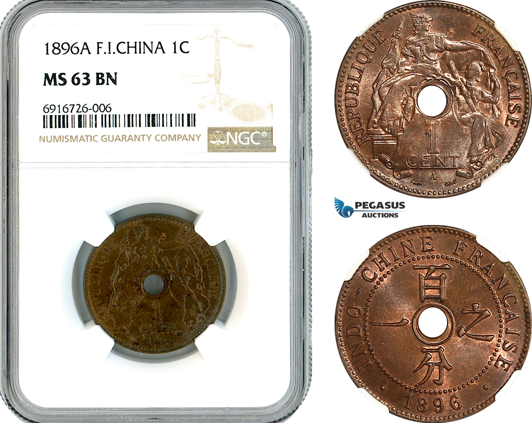 AK683, French Indo-China, 1 Centime 1896 A, Paris Mint, NGC MS63BN