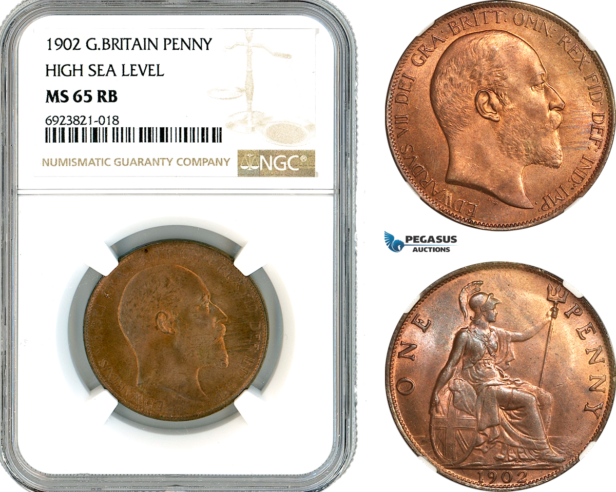 AK697, Great Britain, Edward VII, 1 Penny 1902, High Sea Level, London Mint, NGC MS65RB