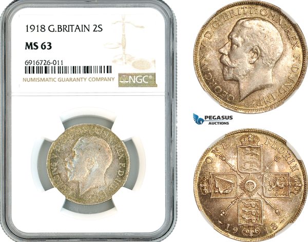 AK698, Great Britain, George V, 2 Shillings 1918, London Mint, Silver, NGC MS63