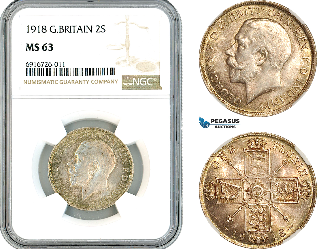 AK698, Great Britain, George V, 2 Shillings 1918, London Mint, Silver, NGC MS63