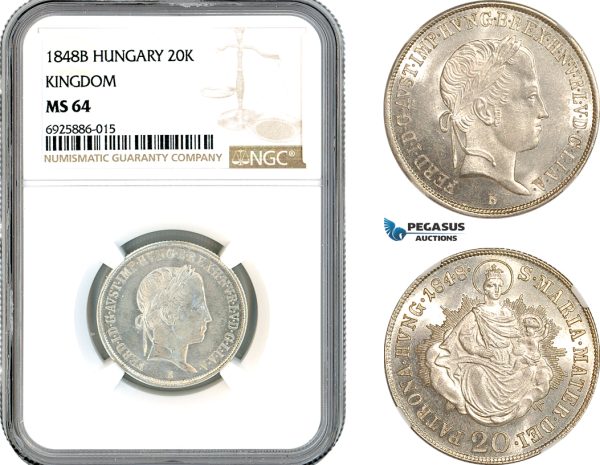 AK701, Hungary, Ferdinand, 20 Krajczar 1848 B, Kremnitz Mint, Silver, NGC MS64