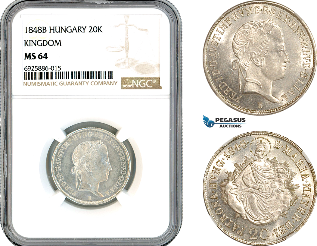 AK701, Hungary, Ferdinand, 20 Krajczar 1848 B, Kremnitz Mint, Silver, NGC MS64