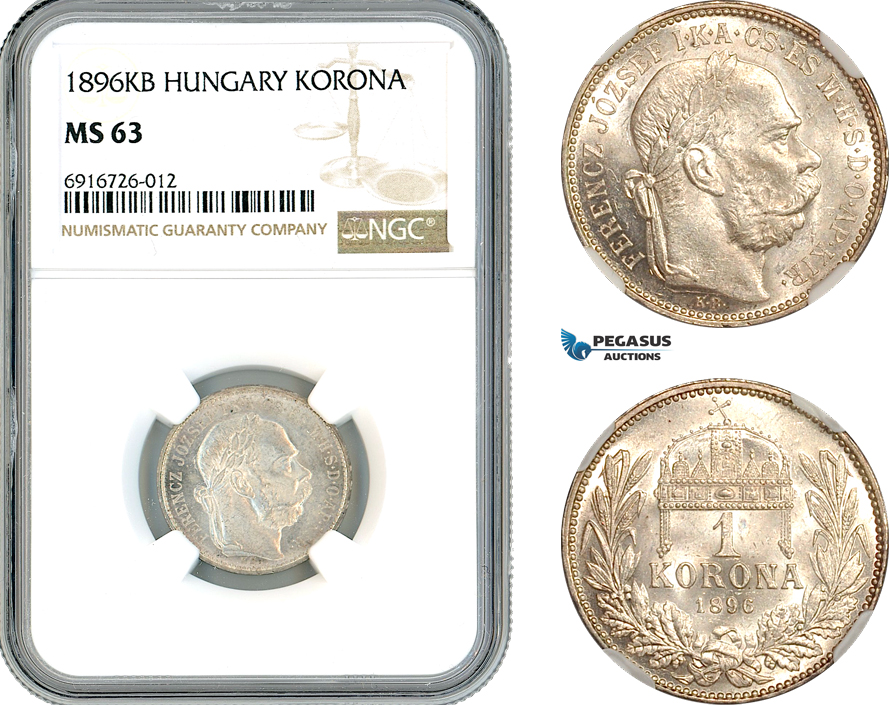 AK702, Hungary, Franz Joseph, 1 Korona 1896 KB, Kremnitz Mint, Silver, NGC MS63
