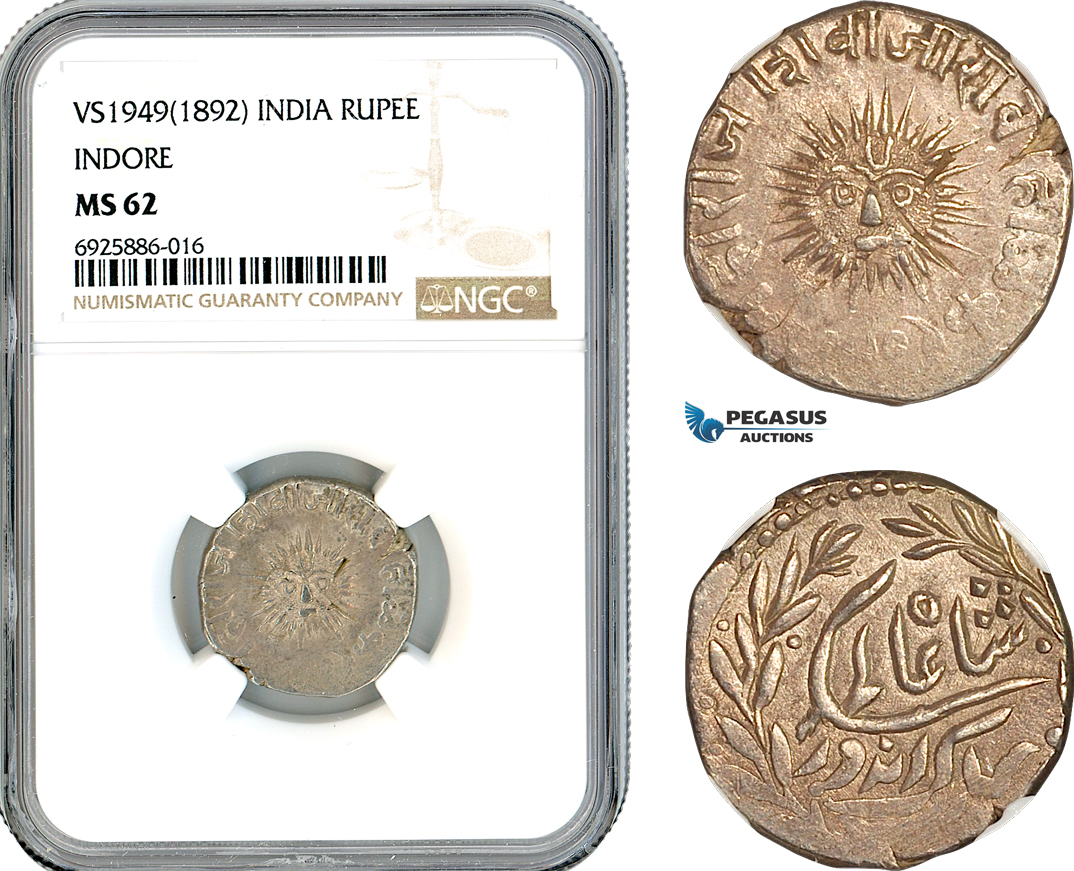 AK703, India, Indore, Shah Alam II, 1 Rupee VS1949 (1892) Silver, NGC MS62