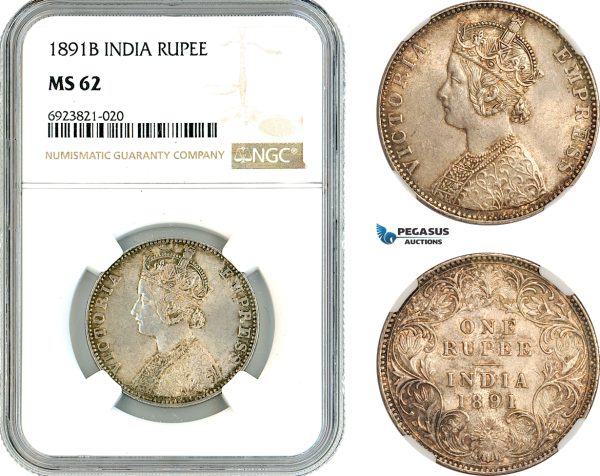 AK704, India (British) Victoria, 1 Rupee 1891 B, Bombay Mint, Silver, NGC MS62
