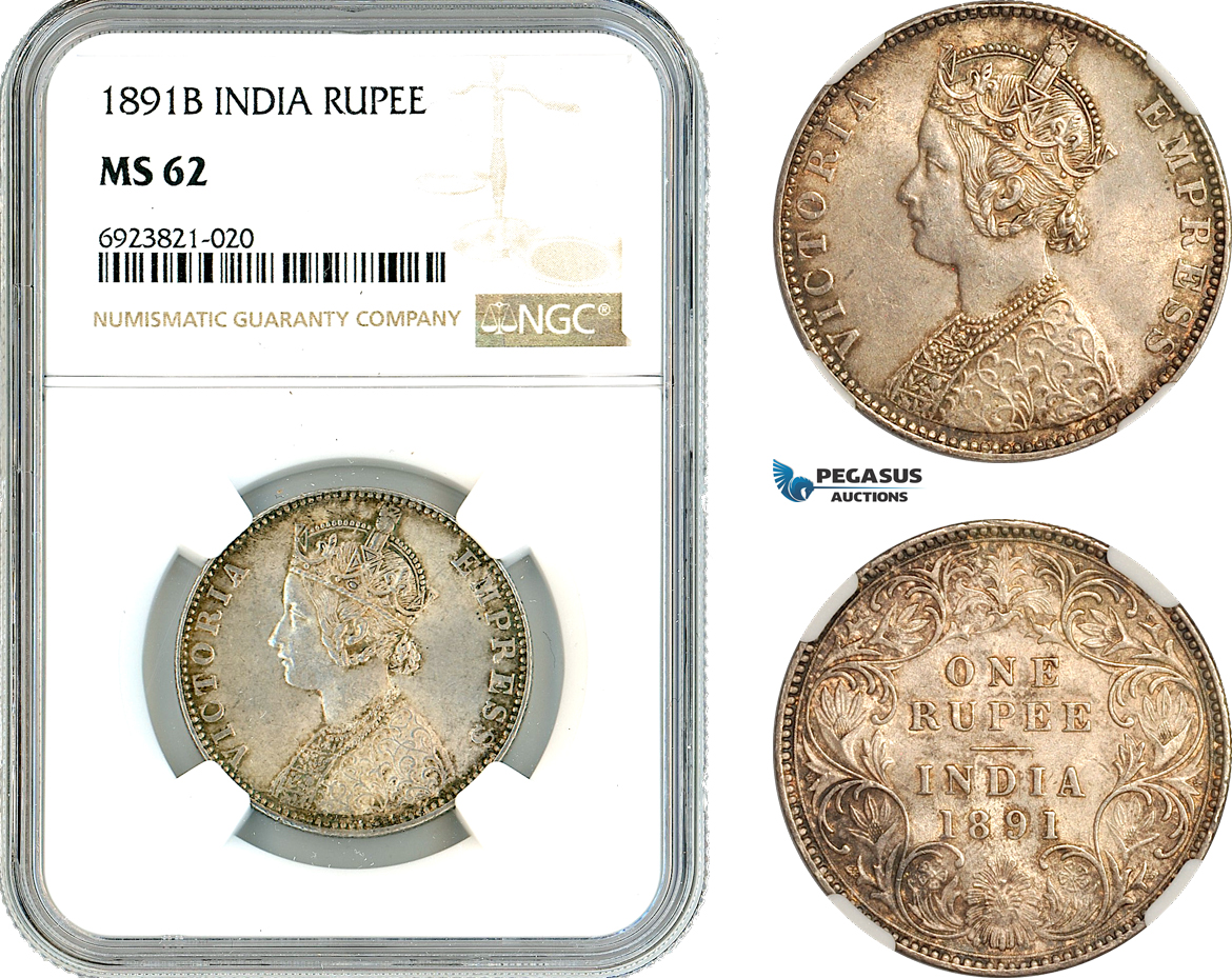 AK704, India (British) Victoria, 1 Rupee 1891 B, Bombay Mint, Silver, NGC MS62