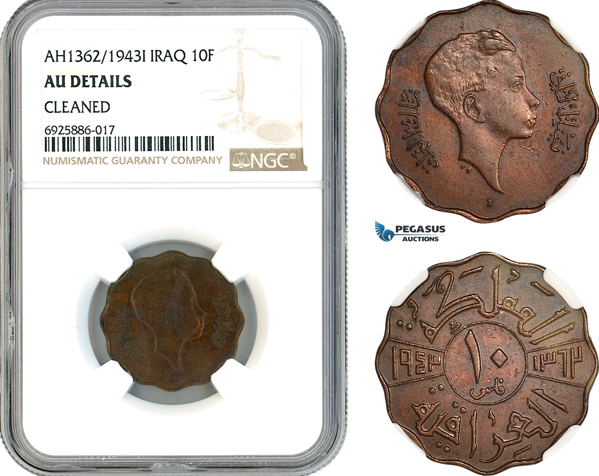 AK706, Iraq, Faisal II, 10 Fils AH1362//1943 I, Bombay Mint, NGC AU Det