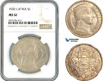 AK709, Latvia, 5 Lati 1932, Silver, NGC MS61
