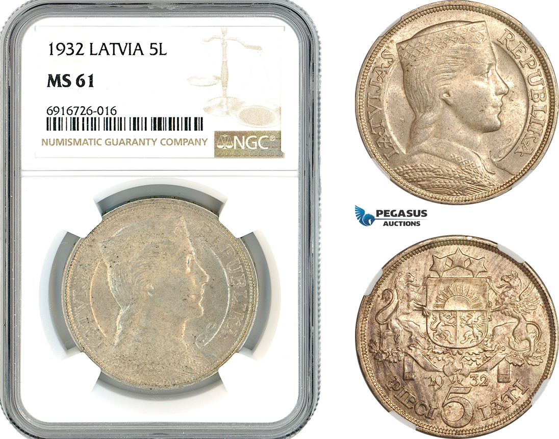 AK709, Latvia, 5 Lati 1932, Silver, NGC MS61