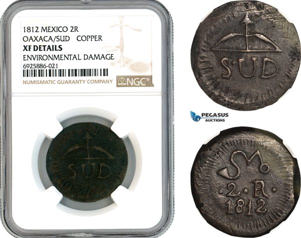 AK710, Mexico, Oaxaca, Insurgent Coinage, 2 Reales 1812, NGC XF Det