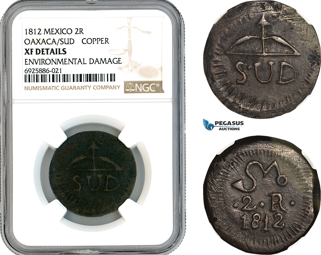 AK710, Mexico, Oaxaca, Insurgent Coinage, 2 Reales 1812, NGC XF Det