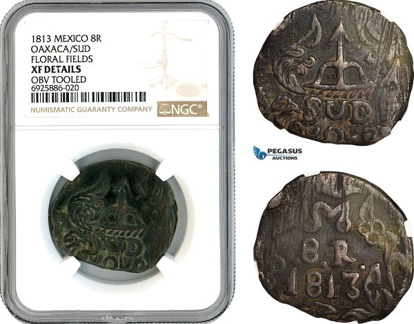 AK711, Mexico, Oaxaca, Insurgent Coinage, 8 Reales 1813, Floreal Fields, NGC XF Det