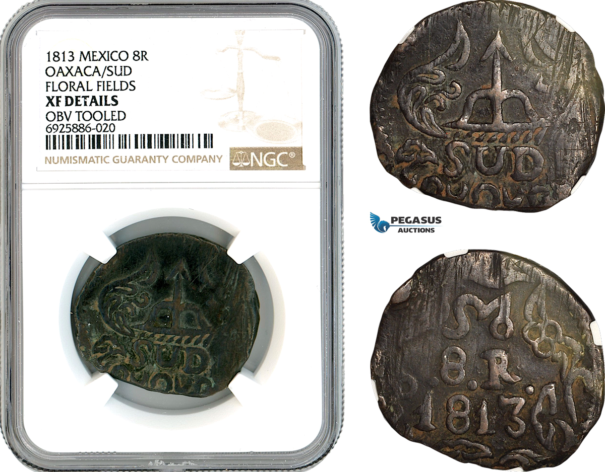AK711, Mexico, Oaxaca, Insurgent Coinage, 8 Reales 1813, Floreal Fields, NGC XF Det