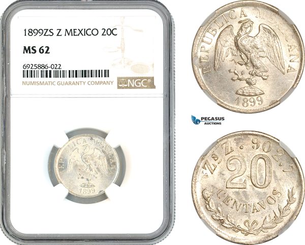 AK712, Mexico, 20 Centavos 1899 Zs Z, Zacatecas Mint, Silver, NGC MS62
