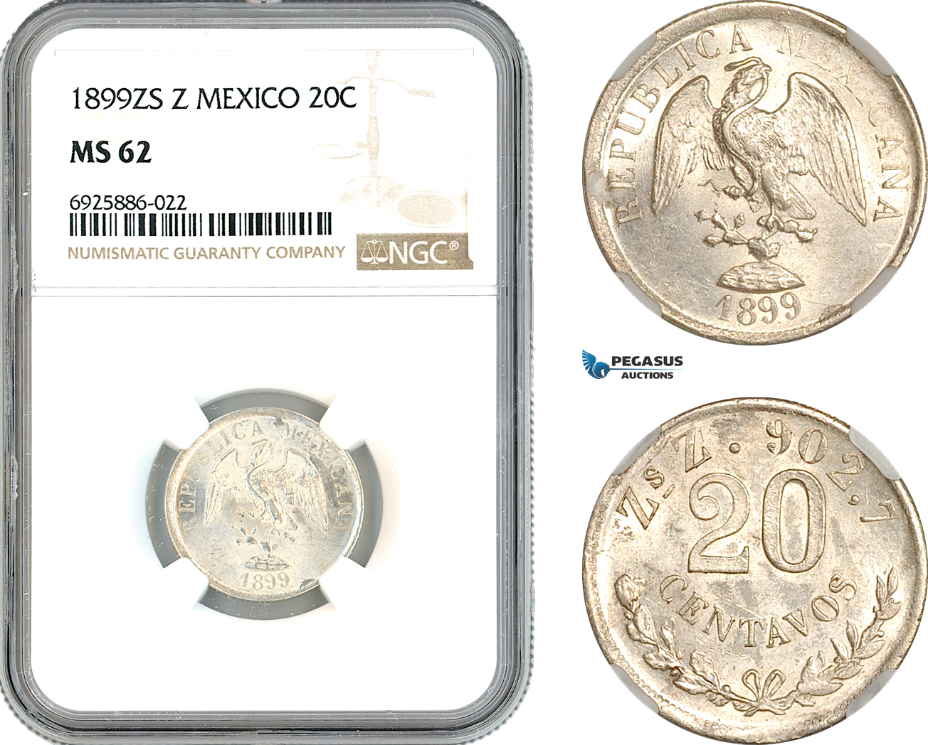 AK712, Mexico, 20 Centavos 1899 Zs Z, Zacatecas Mint, Silver, NGC MS62