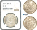 AK714, Peru, 1 Sol 1872 YJ, Lima Mint, Silver, NGC MS62