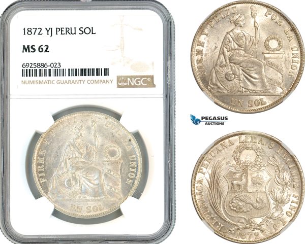 AK714, Peru, 1 Sol 1872 YJ, Lima Mint, Silver, NGC MS62