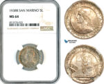 AK722, San Marino, 5 Lire 1938 R, Rome Mint, Silver, NGC MS64