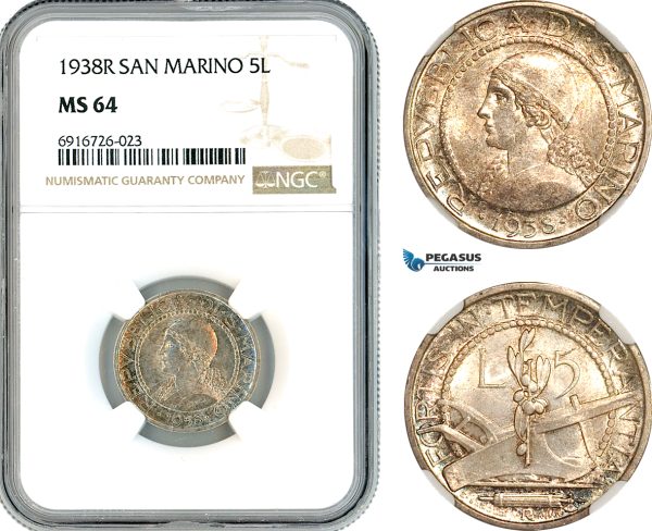 AK722, San Marino, 5 Lire 1938 R, Rome Mint, Silver, NGC MS64