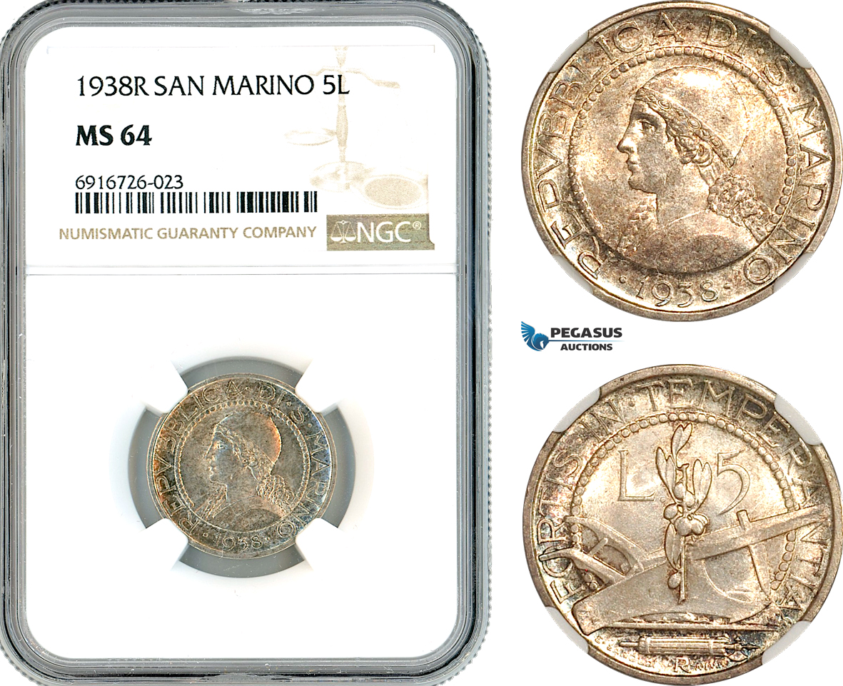 AK722, San Marino, 5 Lire 1938 R, Rome Mint, Silver, NGC MS64