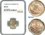 AK723, San Marino, 5 Lire 1938 R, Rome Mint, Silver, NGC MS65