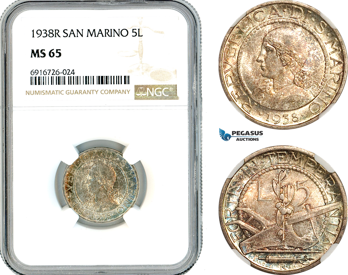 AK723, San Marino, 5 Lire 1938 R, Rome Mint, Silver, NGC MS65