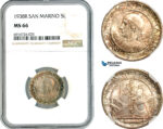 AK724, San Marino, 5 Lire 1938 R, Rome Mint, Silver, NGC MS66