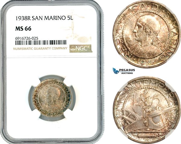 AK724, San Marino, 5 Lire 1938 R, Rome Mint, Silver, NGC MS66