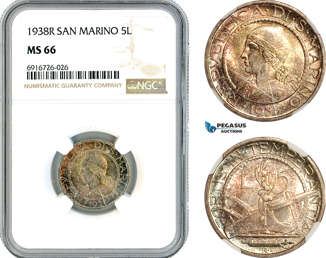 AK725, San Marino, 5 Lire 1938 R, Rome Mint, Silver, NGC MS66