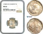 AK726, San Marino, 5 Lire 1938 R, Rome Mint, Silver, NGC MS65