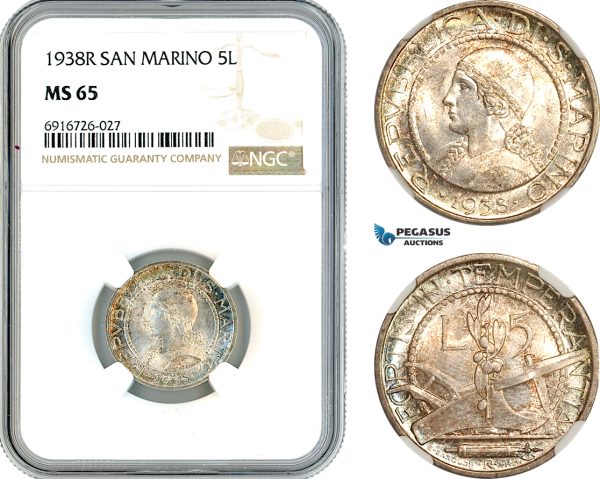 AK726, San Marino, 5 Lire 1938 R, Rome Mint, Silver, NGC MS65