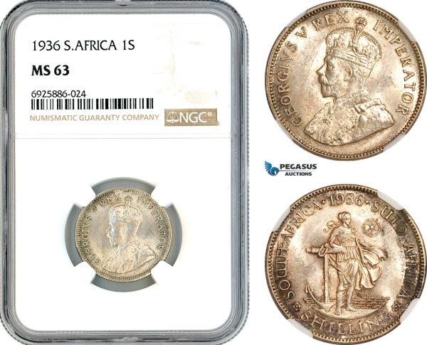 AK728, South Africa, George V, 1 Shilling 1936, Pretoria Mint, Silver, NGC MS63