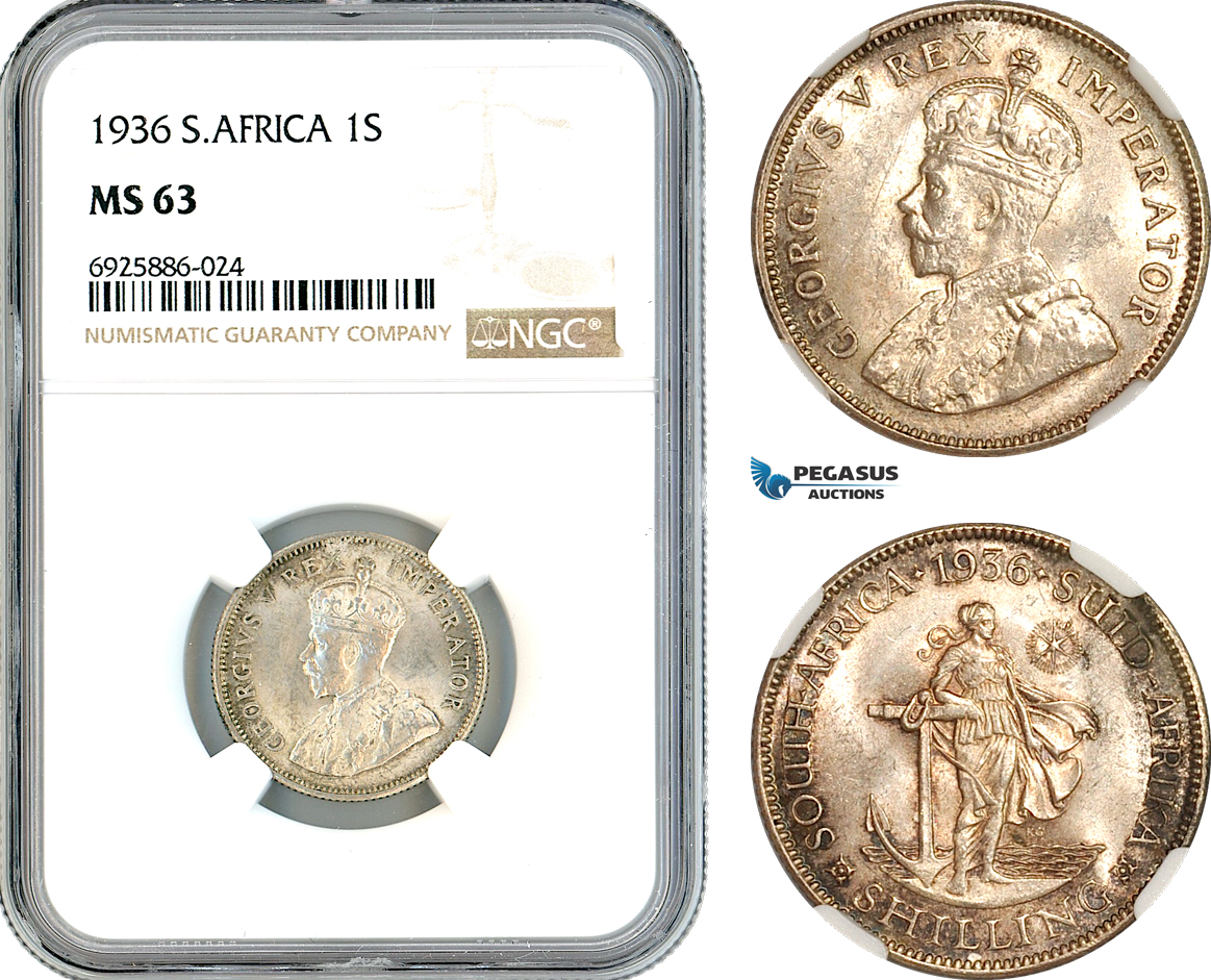 AK728, South Africa, George V, 1 Shilling 1936, Pretoria Mint, Silver, NGC MS63