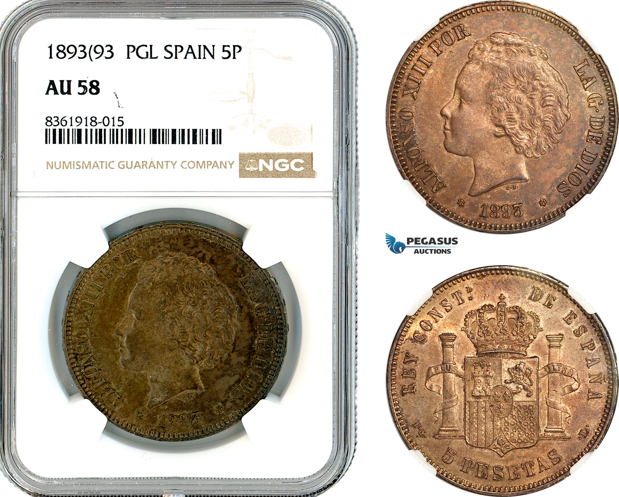AK729, Spain, Alfonso XIII, 5 Pesetas 1893 (93) PGL, Madrid Mint, Silver, NGC AU58